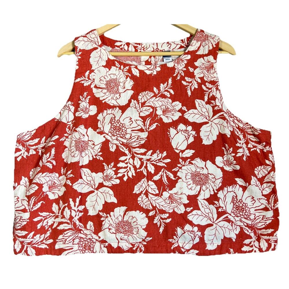Old Navy Crop Tank Top 2XL Orange Floral Woven Linen Blend Button Back Tropical